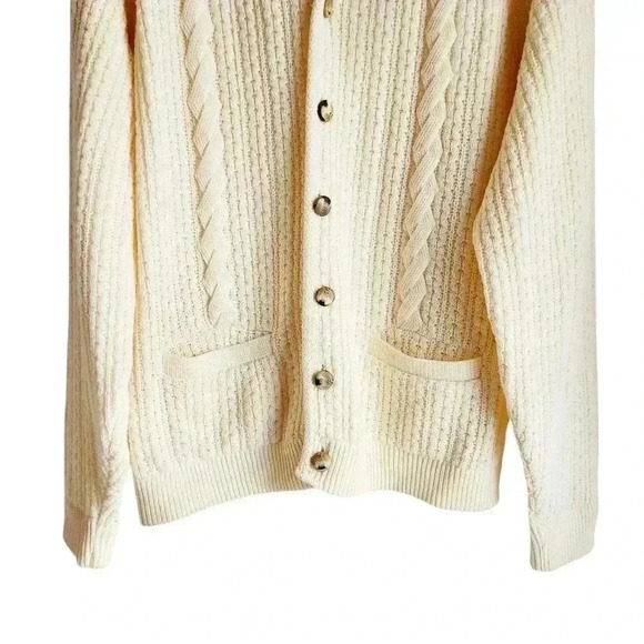 Vintage 70s Wool Blend Cardigan Women XL | Cable Knit Grandpa Sweater Ivory - Picture 7 of 11